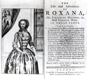Frontispicio y página de título de The Life and Adventures of Roxana por Daniel Defoe, publicado en 1765 de English School