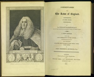 Frontispicio y página de título de Comentarios sobre las leyes de Inglaterra en cuatro libros, por Sir William Blackstone, Knt., publicado por M. y S. Brooke, Londres, 1811