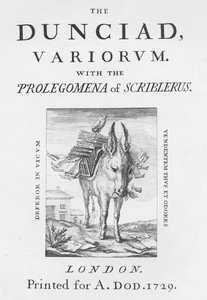 Frontispicio y portada de La Dunciada Variorum por Alexander Pope, 1729 de English School