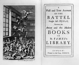 Frontispicio y página de título de The Battle of the Books de Jonathan Swift, publicado en 1710