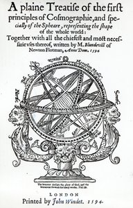 Frontispicio de Un Tratado Sencillo de los Primeros Principios de la Cosmografía por Thomas Blundeville, publicado en 1594 de English School