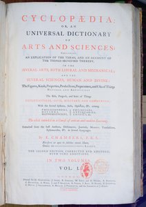 Frontispicio de la Enciclopedia: Un Diccionario Universal de Artes y Ciencias, Vol. I, por Ephraim Chambers, Londres, 1738 (papel impreso) de English School