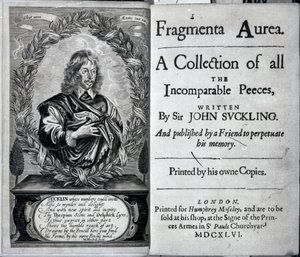 Frontispicio de Fragmenta Aurea, una colección de todas las piezas incomparables escritas por Sir John Suckling, publicada en 1646