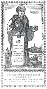 Frontispicio de Johannes Gutenberg de Una Historia Concisa del Origen y Progreso de la Impresión por Philip Luckombe, publicado en 1770 de English School