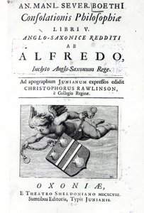 Frontispicio de la traducción de Christopher Rawlinson de la edición de Alfredo el Grande de Boecio De Consolationis Philosophiae, 1698