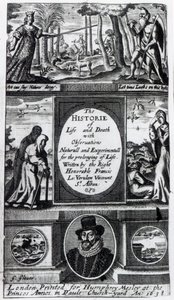 Frontispicio de La historia de la vida y la muerte de Francis Bacon, publicada en 1638 de English School