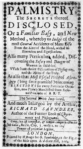 Frontispicio de Quiromancia, los Secretos Revelados por Richard Saunders, 1664 de English School