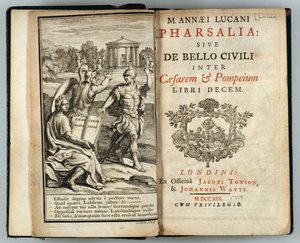 Frontispicio de Pharsalia o La guerra civil entre César y Pompeyo por Marcus Annaeus Lucan, grabado por J. Cole, 1719