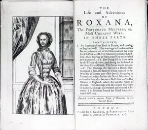 Frontispicio de Roxana, La Amante Afortunada de Daniel Defoe, edición publicada en 1765 de English School