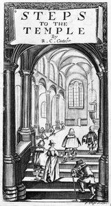 Frontispicio de Steps to the Temple de Richard Crashaw, grabado por J. Cross, 1648 de English School