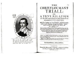 Frontispicio de La prueba del hombre cristiano por John Lilburne, 1641 de English School