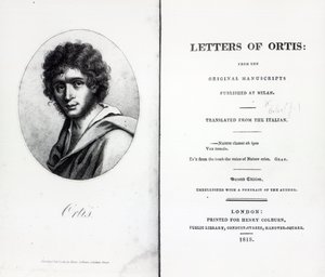 Portada de Las Cartas de Ortis de Niccolo Ugo Foscolo, edición publicada en 1818 de English School