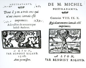 Frontispicio de Las Profecías de M. Michel Nostradamus, pub. por Benoist Rigaud, 1568 de English School