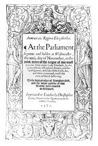 Frontispicio de una cuenta del Parlamento de la Reina Isabel celebrado entre el 23 de noviembre de 1584 y el 24 de marzo de 1585, impreso por Christopher Barker, 1585
