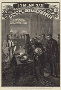 Funeral de la Princesa Alicia, el Príncipe de Gales y el Príncipe Leopoldo colocando coronas en el ataúd en el Mausoleo Familiar en Rosenhohe de English School