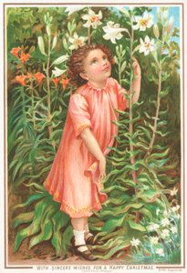 Niña oliendo lirios en el jardín de English School