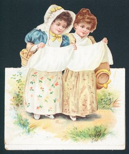 Niñas recogiendo huevos, tarjeta de Navidad de English School