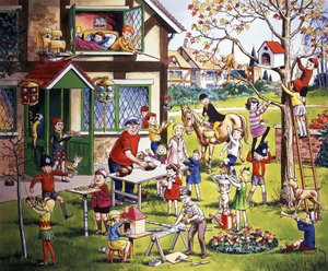 Escena de jardín con niños (con objetos ocultos) de English School