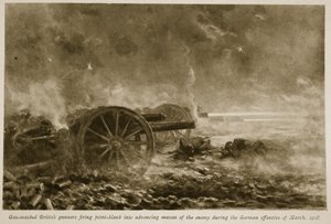 Artilleros británicos con máscaras de gas disparando a quemarropa contra masas enemigas durante la ofensiva alemana de marzo de 1918, 1918-19 de English School