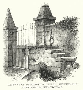 Puerta de la Iglesia de Duddingston, mostrando los Jougs y Louping-on-Stone (grabado)