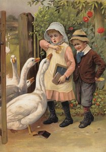 Gansos persiguiendo a los niños por su comida (chromolitho) de English School