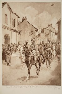 General Sir Pertab Singh liderando a los lanceros de Jodhpur a través de un pueblo francés, 1914-19 de English School