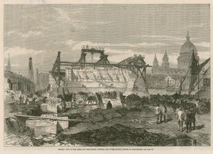 Vista general de las obras para el puente ferroviario de London, Chatham y Dover en Blackfriars de English School