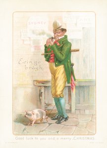 Caballero fumando pipa y paseando cerdo, Tarjeta de Navidad de English School
