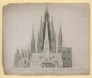 Elevaciones geométricas de las Fachadas Oeste de las Catedrales de San Pablo, Londres (antes del Incendio) ... y la Gran Pirámide de Egipto a una escala de English School