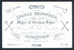 Tarjeta comercial de George Brownhill, fabricante de plata alemana