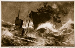 Submarino alemán embestido por el destructor británico Badger frente a la costa belga, 1914-19 de English School