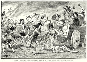 Mujeres alemanas defendiendo sus castillos de carros (grabado) de English School
