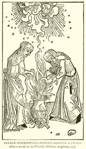 Superstición alemana--Brujas preparando un hechizo. Después de un grabado en madera en Ulrichs Witches, Augsburgo, 1508 de English School