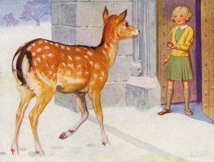 Chica alimentando a un ciervo en la nieve (litografia de color)