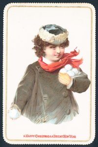 Niña recogiendo bolas de nieve, tarjeta de Navidad de English School