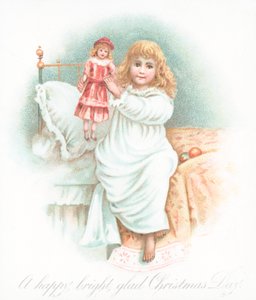 Niña levantándose de la cama en la mañana de Navidad con un regalo de English School