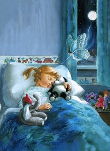 Niña en la cama atendida por un hada
