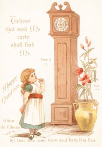 Niña mirando el reloj de abuelo, Tarjeta de Navidad de English School