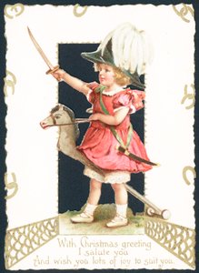 Niña montando en un caballo de juguete, tarjeta de Navidad