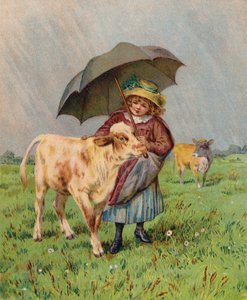 Niña protegiendo a un ternero de la lluvia (litografía en color)