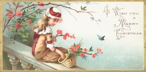 Niña sentada en el puente, tarjeta de Navidad de English School