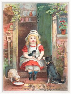 Niña sentada en el umbral con mascotas de English School