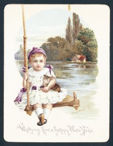 Niña sentada en un columpio con un gato de English School