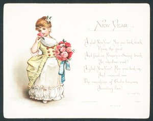 Niña oliendo rosas, tarjeta de Año Nuevo