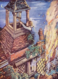 Chica haciendo sonar la campana de alarma para advertir de un incendio (litografia de color) de English School