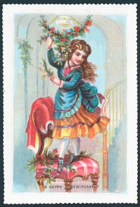 Niña de pie en una silla, tarjeta de Año Nuevo de English School