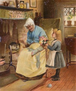 Niña llevando flores a su abuelita en su cumpleaños (cromolito) de English School