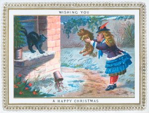 Niña molestando al gato con el perro, tarjeta de Navidad