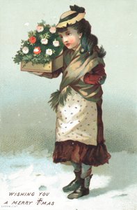 Niña caminando en la nieve con una caja de flores de English School