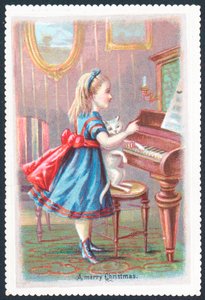 Niña con gato de pie en el piano, Tarjeta de Navidad de English School